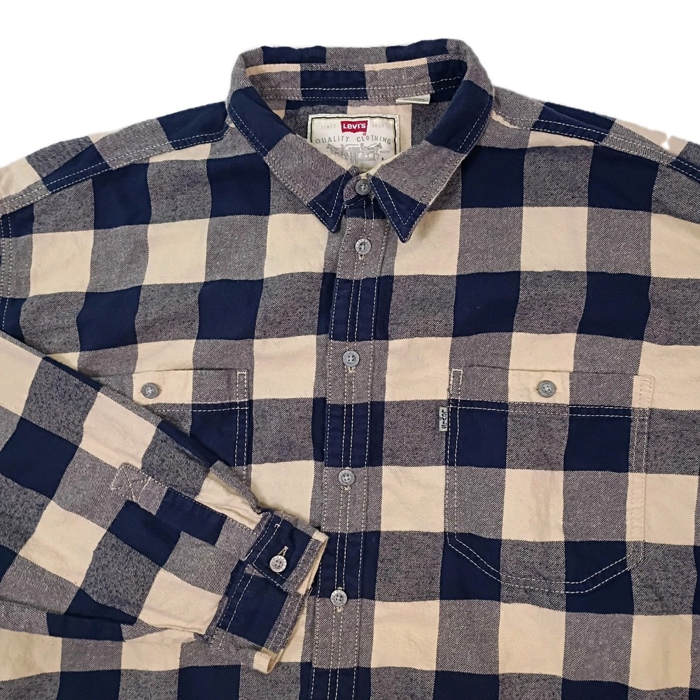 Levis Shirt Mens XXL 2XL Blue Beige Buffalo Check Flannel Button Up Long Sleeve